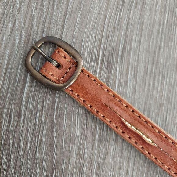 LP by Linea Pelle Brown Leather Skinny Belt Gold Sequin Accents Small - Picture 3 of 8
